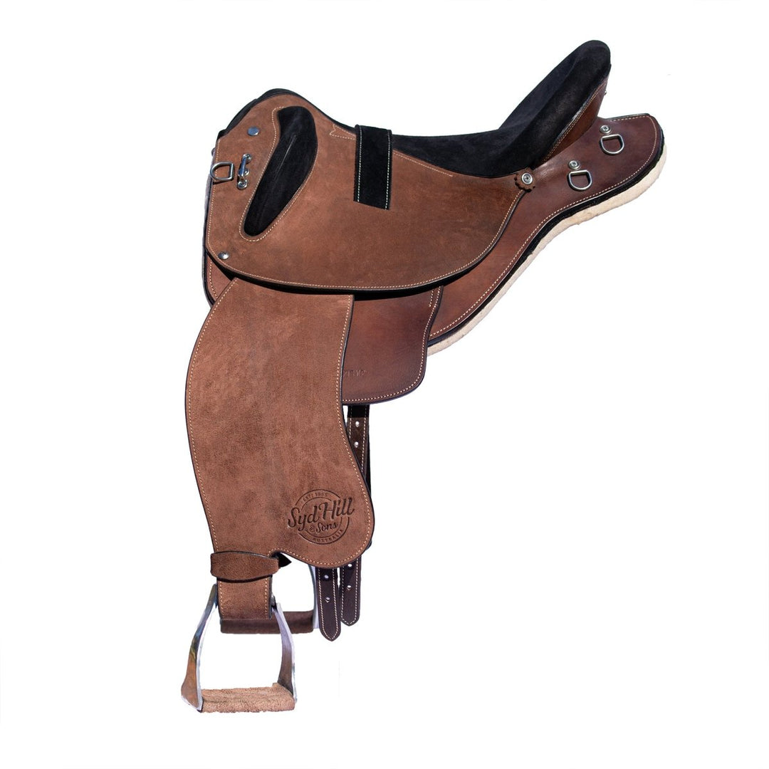 Syd Hill Hawk Polocrosse Stock Saddle, Roughout Leather - SHXP Adjustable Tree and Panels - Active Equine